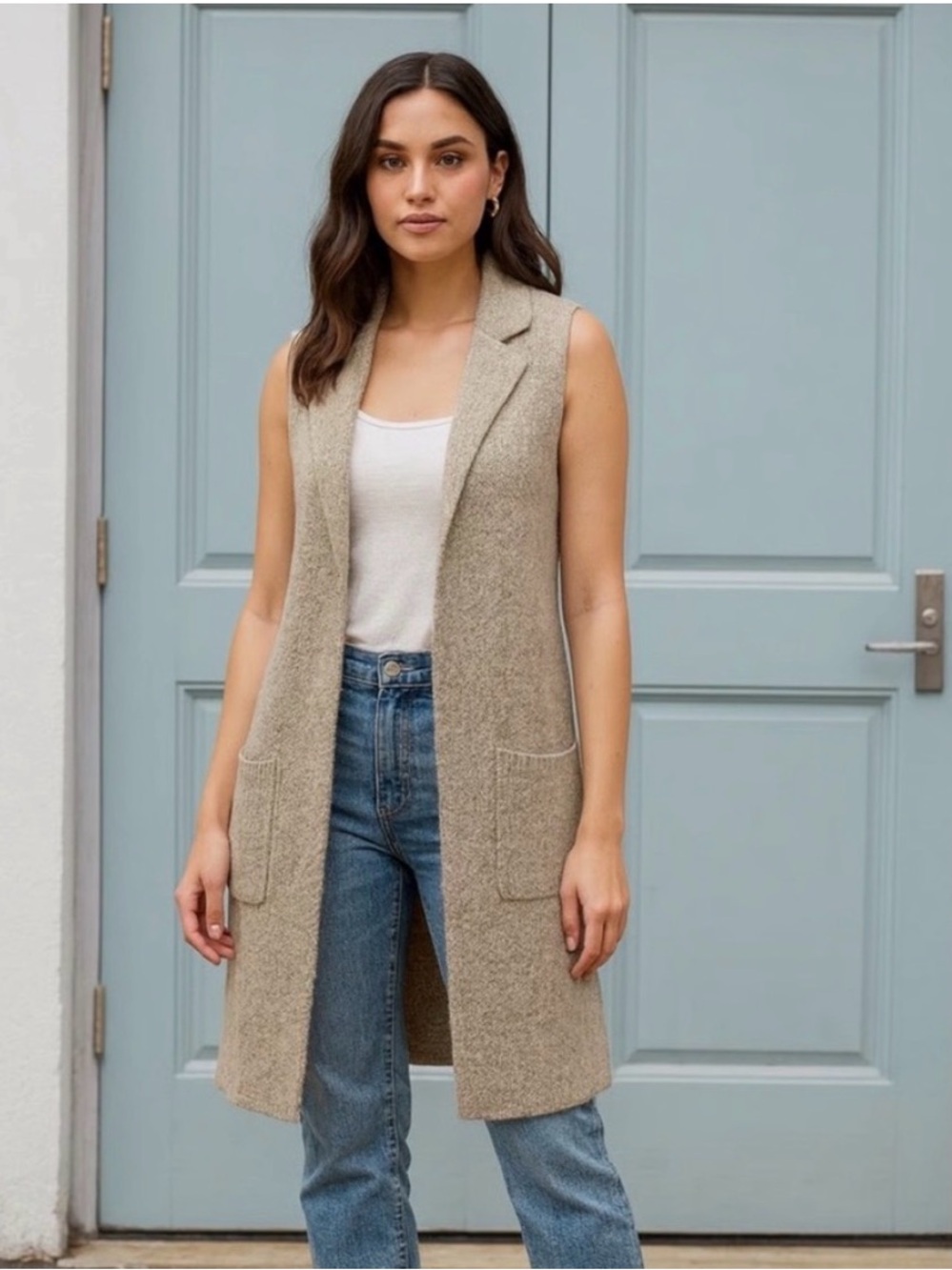 Monteau Open Tunic Vest W/Pockets Oatmeal Color Sz M Bin S